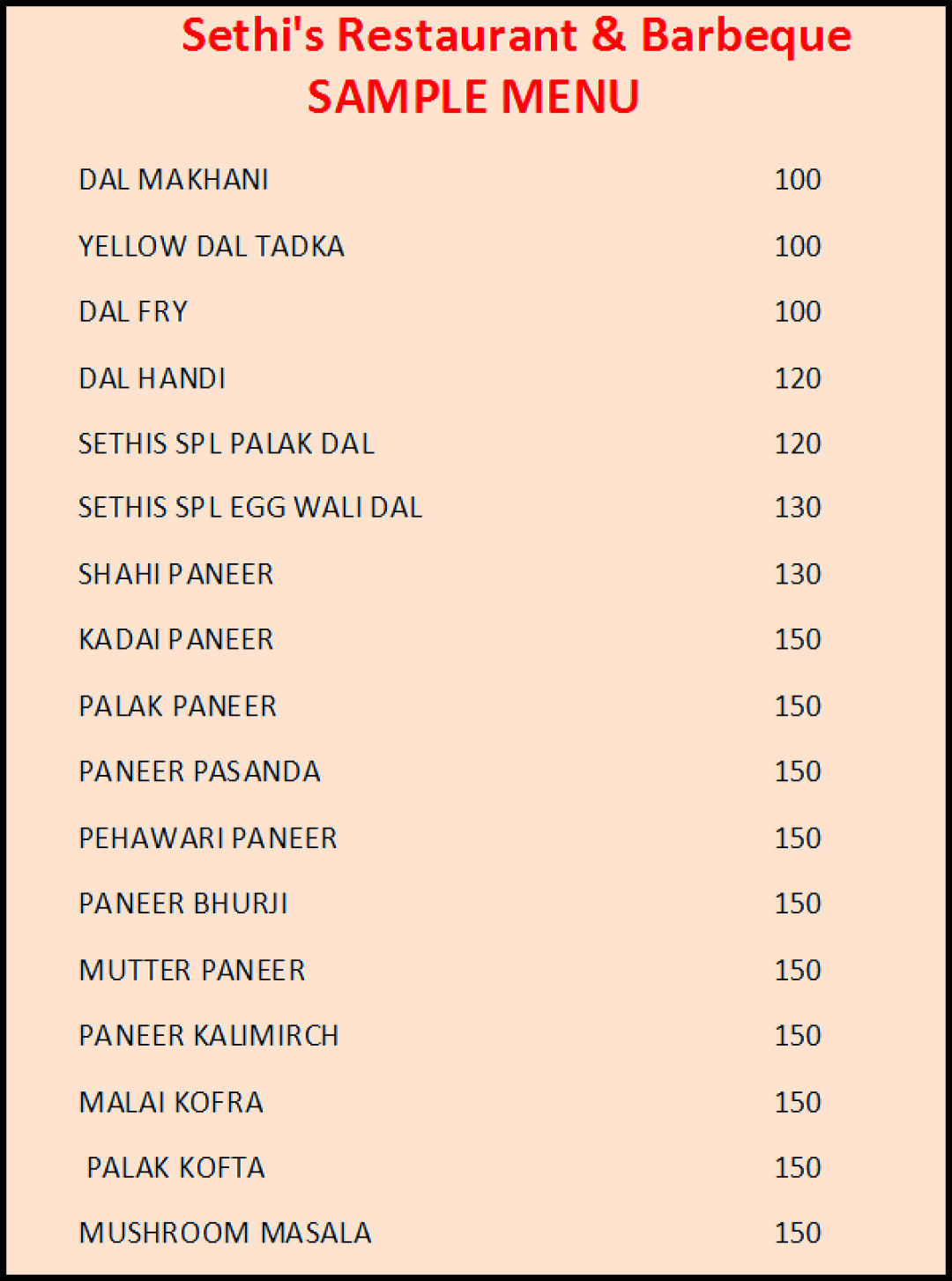 Sethi s Restaurant Barbeque Menu Menu for Sethi s Restaurant