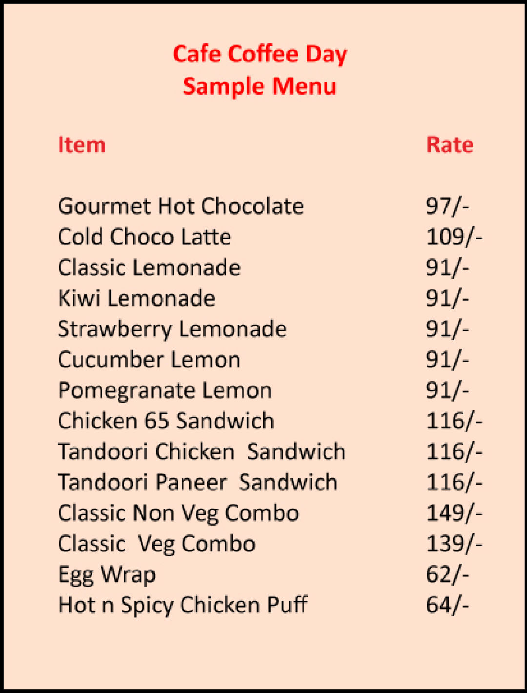 Cafe coffee store day menu