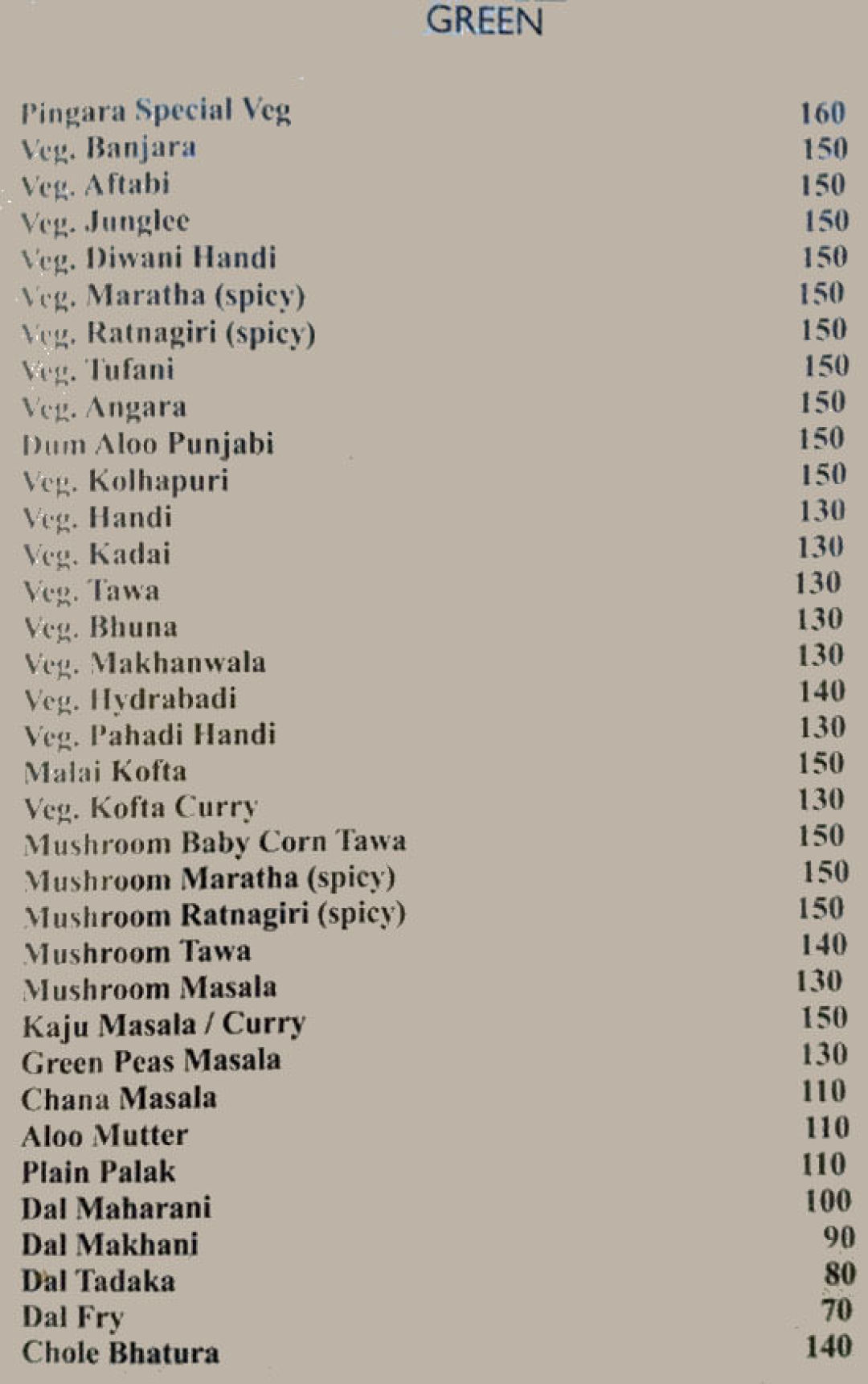 Pingara Menu, Menu for Pingara, Pradhikaran, Pune, Pune