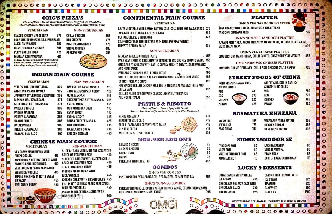 Oh My God Menu, Menu for Oh My God, Connaught Place (CP), Central Delhi