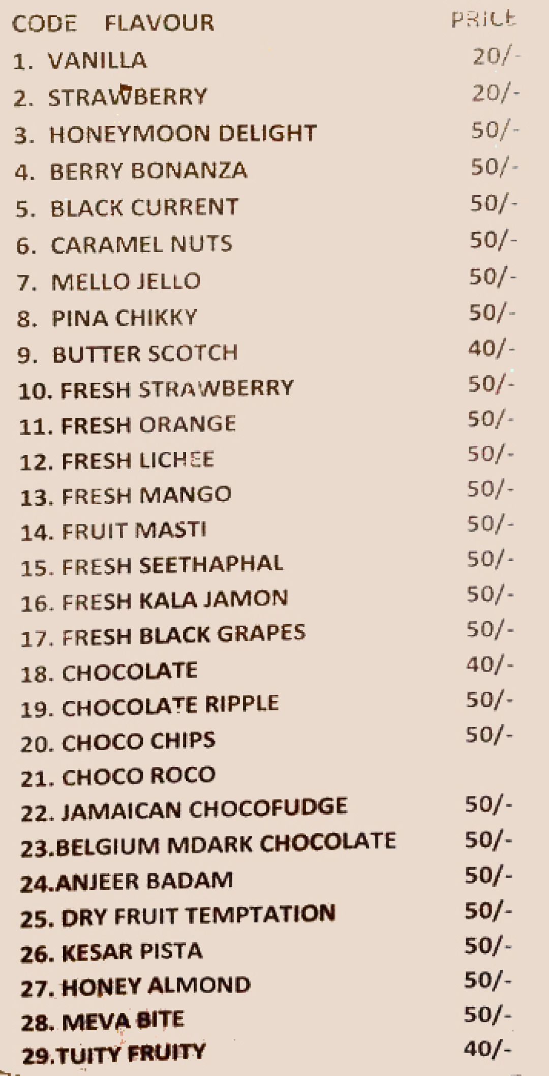 Scoops ice cream clearance menu