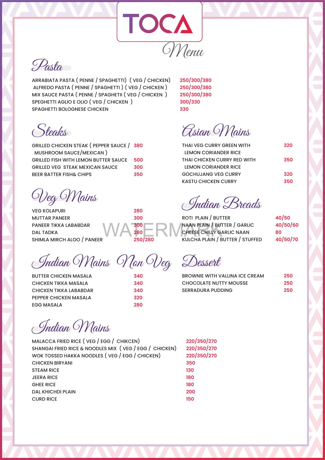 Toca Menu, Menu For Toca, Koramangala, South Bengaluru, Bengaluru