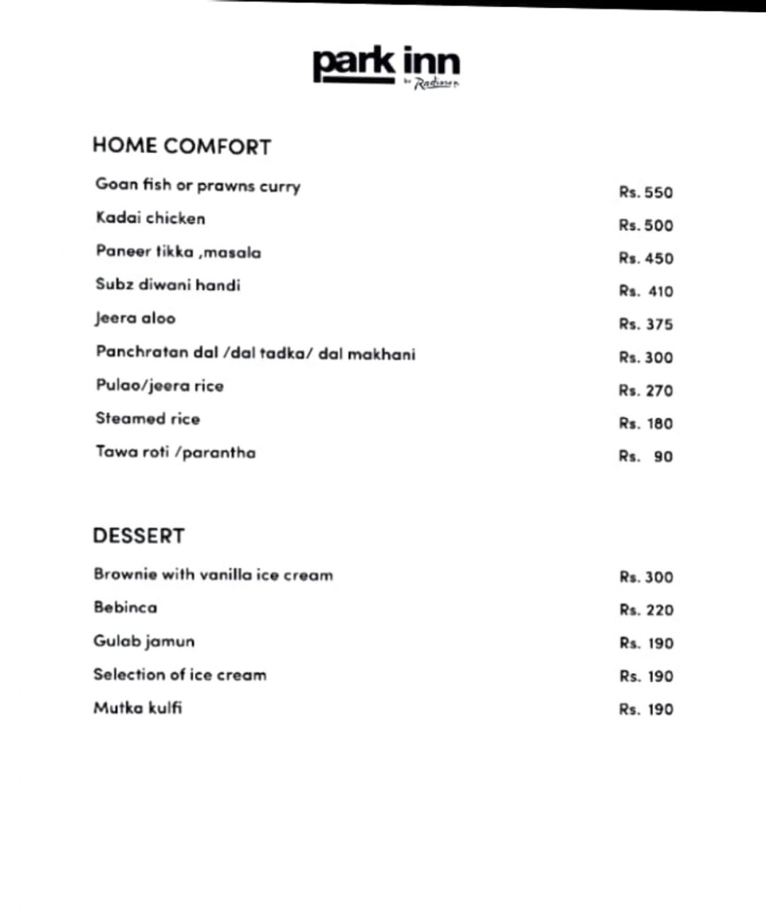 RBG Menu, Menu for RBG, Park Inn by Radisson Goa Candolim, Goa, Goa