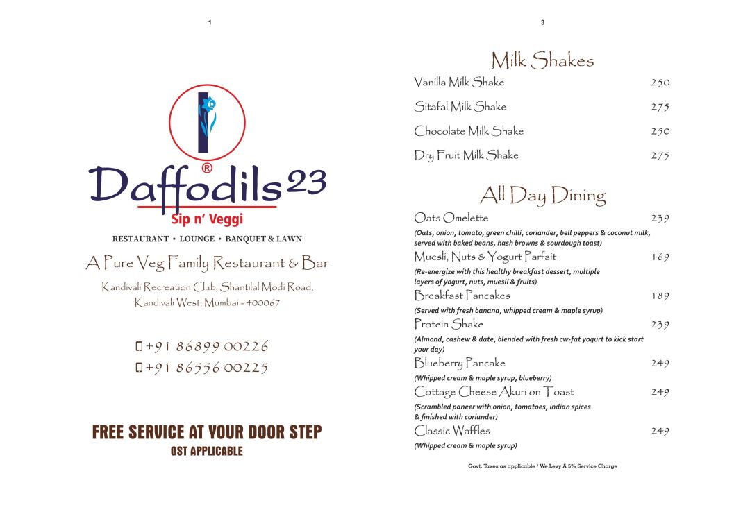 Daffodils 23 Menu, Menu for Daffodils 23, Kandivali West, Western Suburbs, Mumbai