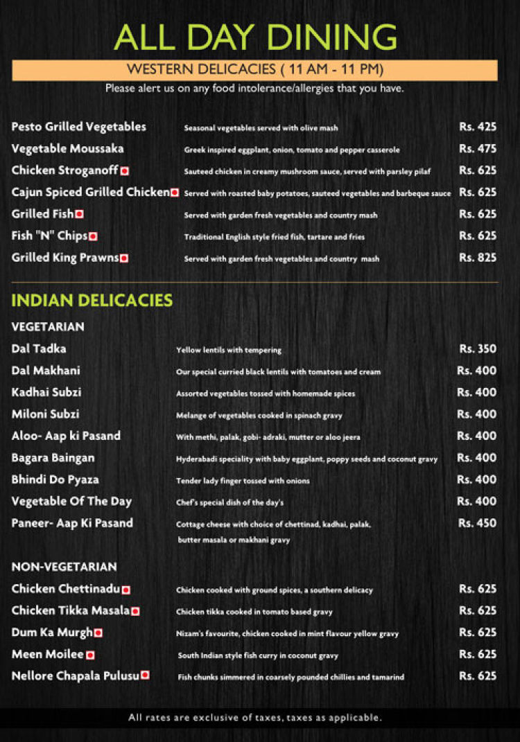 Cascade Menu, Menu for Cascade, Radisson Hyderabad Hitec City, Hyderabad